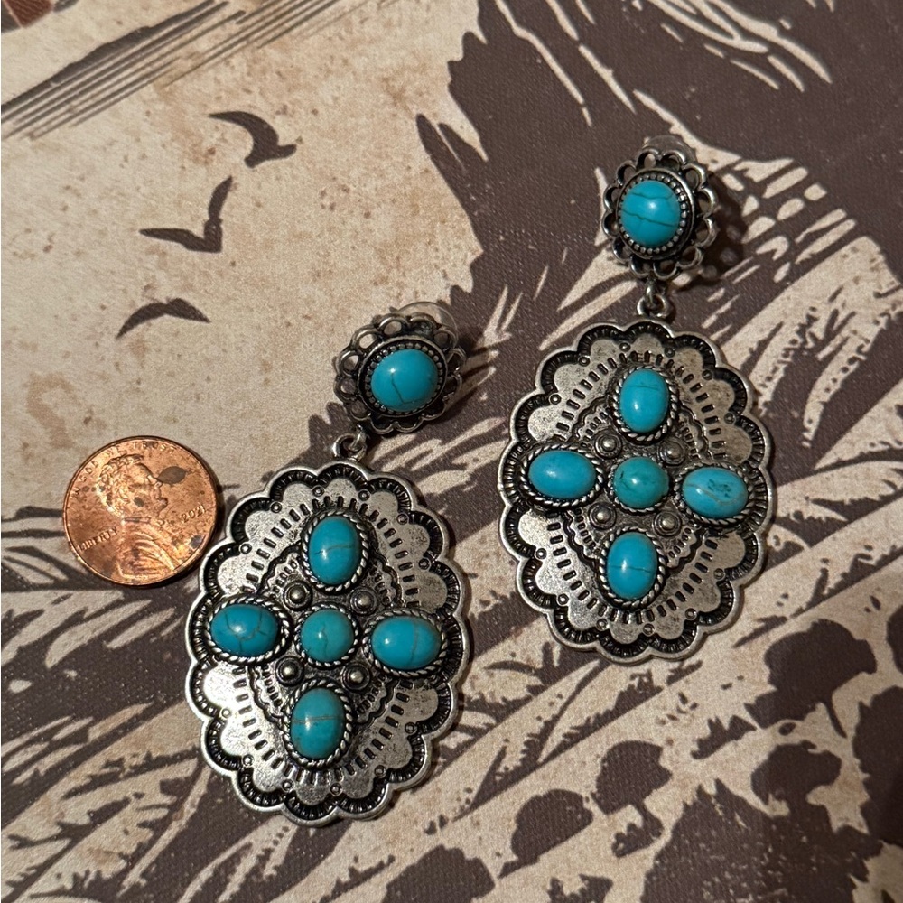 Faux Turquoise Silver Statement Earrings - image 1